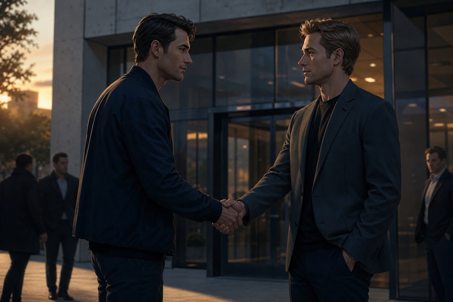 Jan Koum and Mark Zuckerberg in a quiet handshake moment outside a modest public building, cinematic graphic novel style