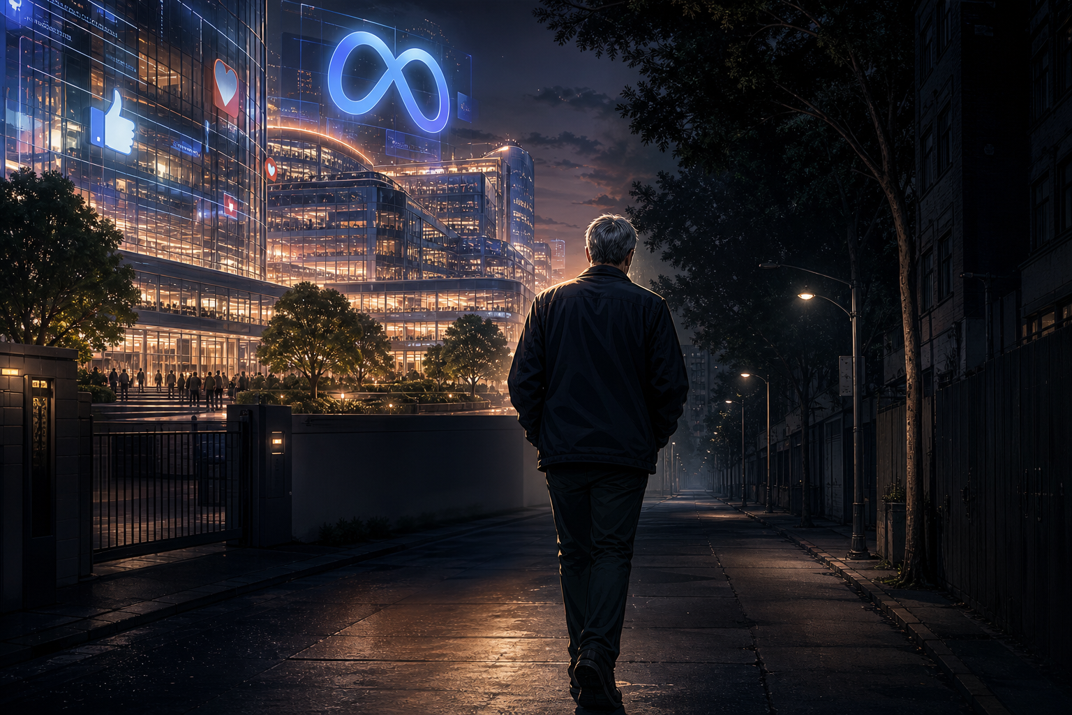 An older Jan Koum walking away from a giant glowing social media campus into a darker quiet street, graphic novel editorial mood