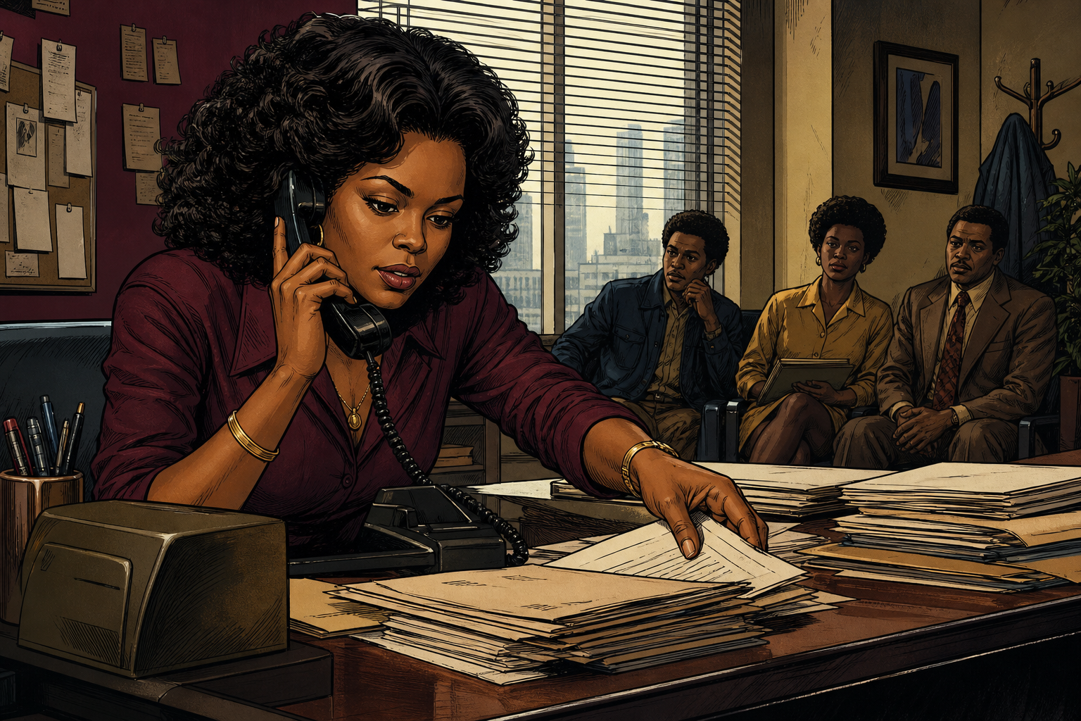 Janice Bryant Howroyd matching candidates to jobs in a modest late-1970s Los Angeles staffing office