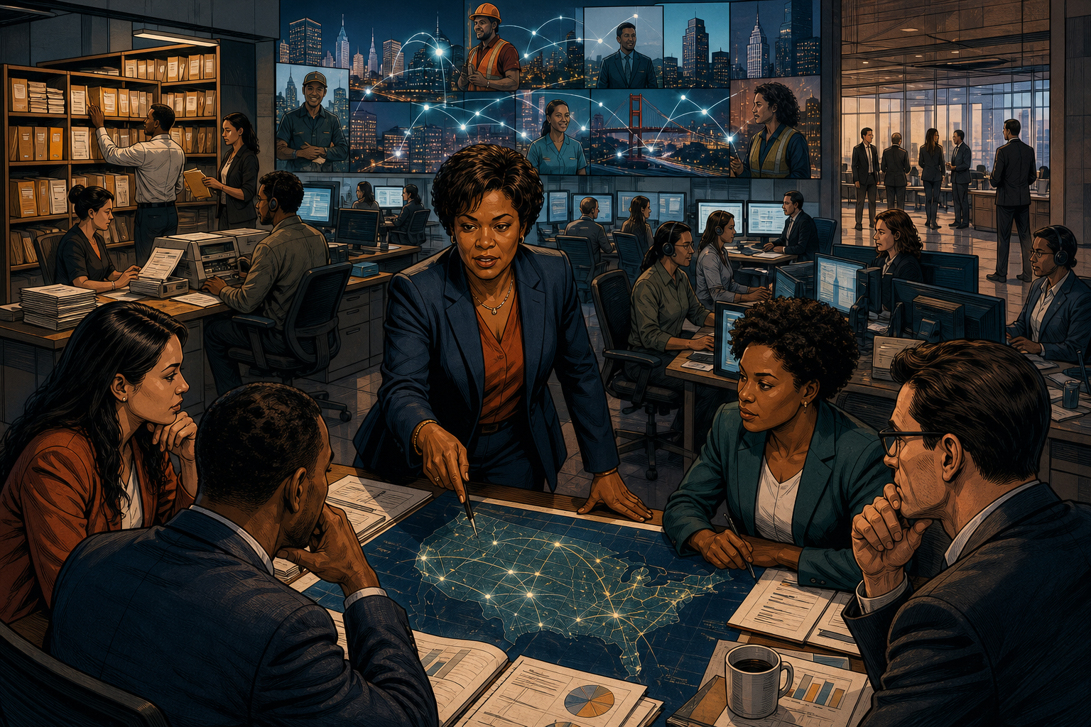 Janice Bryant Howroyd leading a large workforce operations team connecting recruiters, clients, payroll, and workers across cities