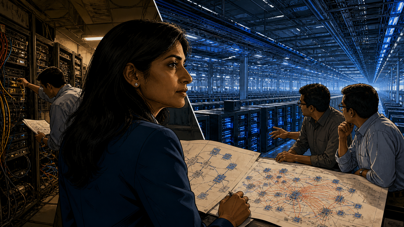 Jayshree Ullal surveys a vast early cloud data center while traffic maps reveal the shift from traditional enterprise networks