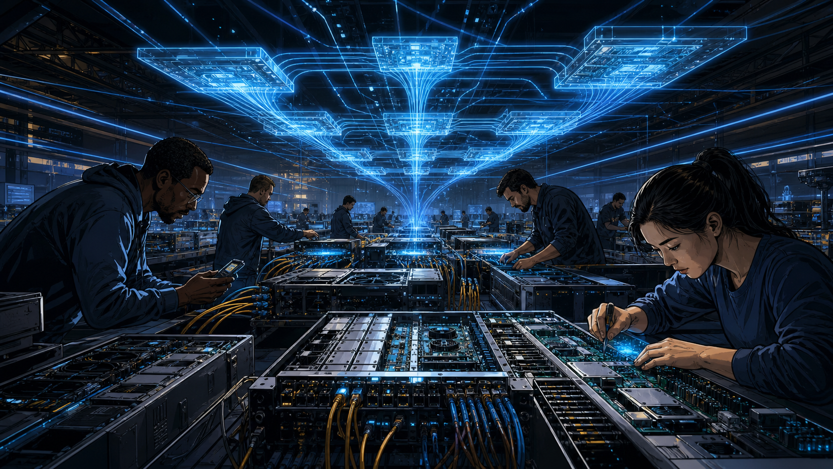 Engineers coordinate one consistent network operating system across rows of switches built on merchant silicon