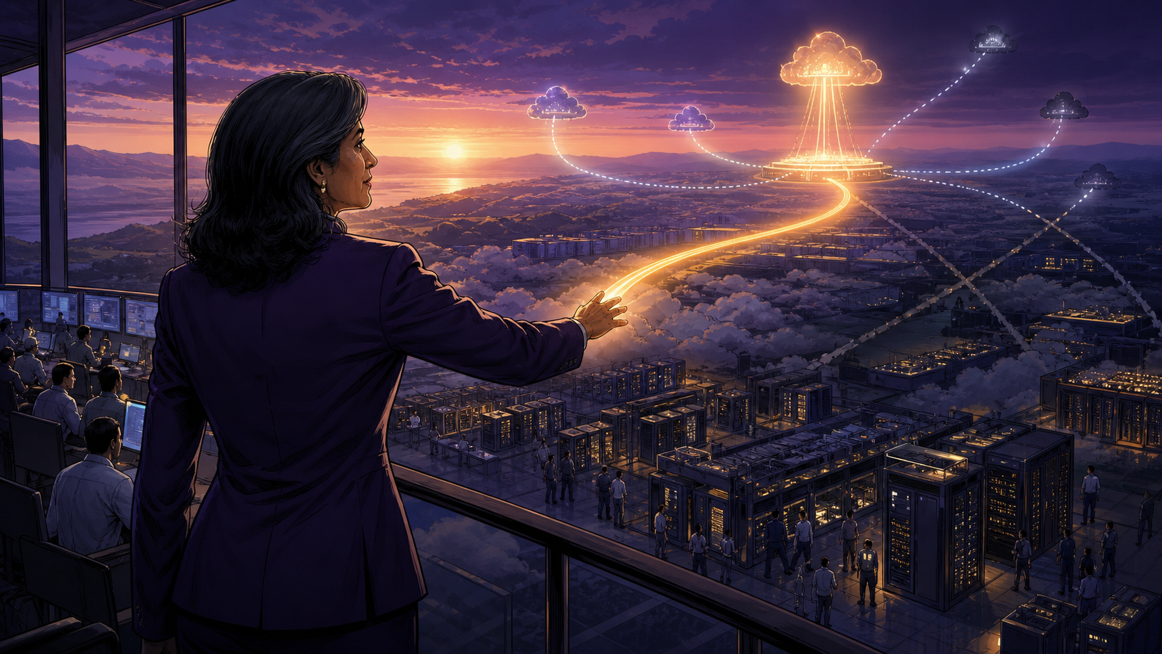 A mature Ullal stands between a simple software control plane and an immense web of cloud and AI infrastructure
