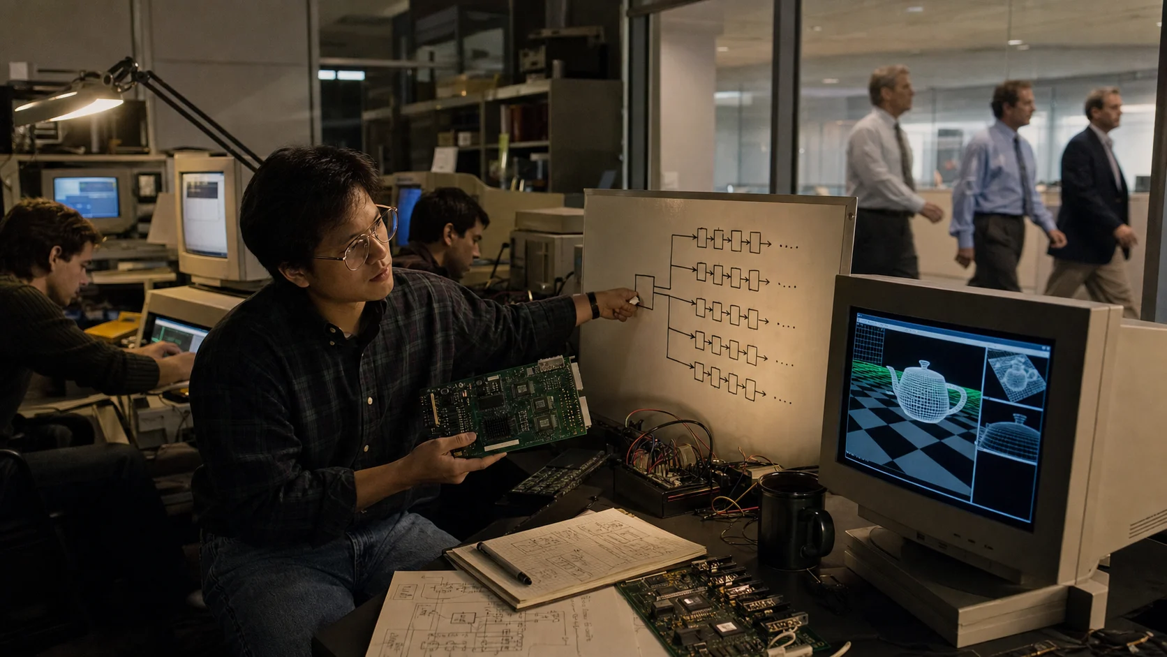 A young Jensen Huang presenting an early parallel graphics architecture while conventional executives overlook the prototype GPU work