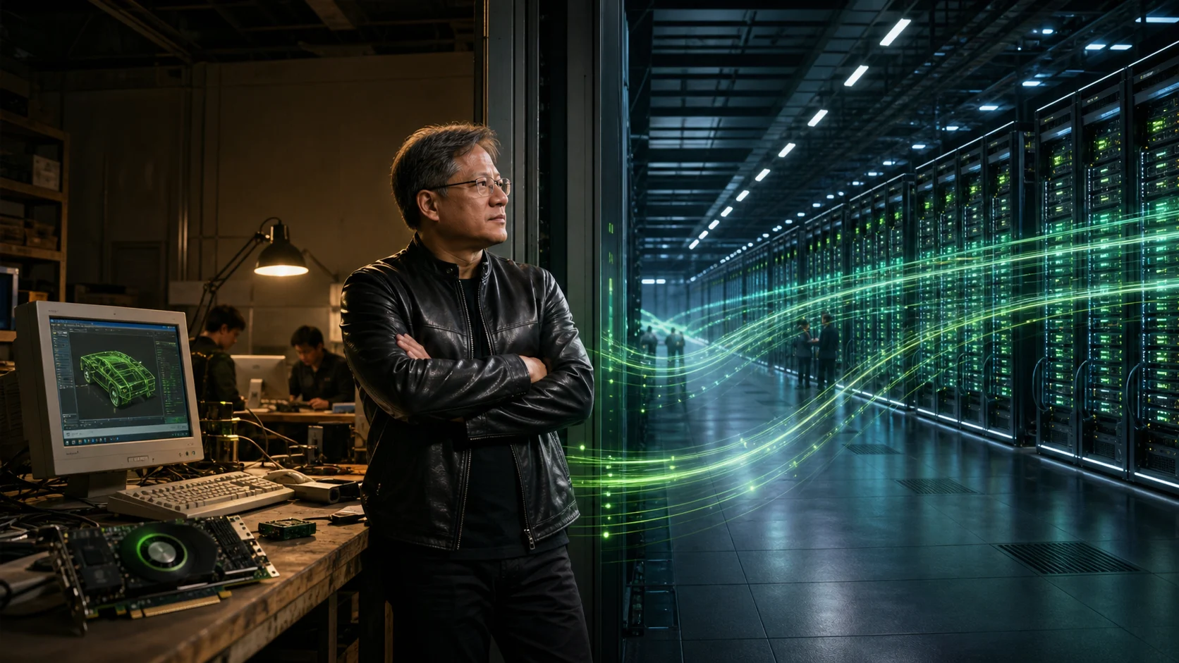 Jensen Huang standing between an early CUDA development lab and the vast AI data centers that NVIDIA's parallel computing platform enabled