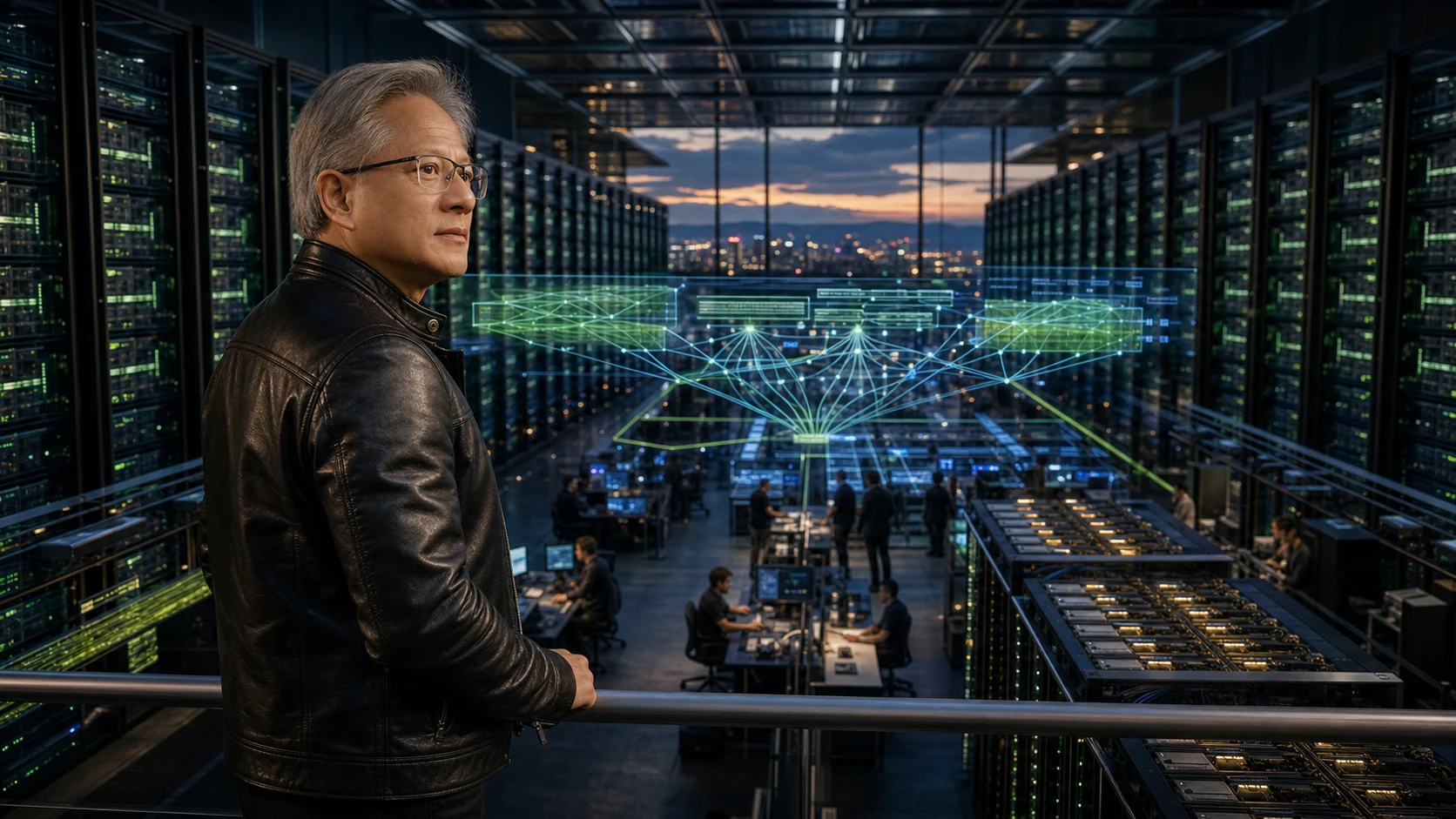 Jensen Huang overlooking the engineers, GPU infrastructure, and interconnected systems that turn technical insight into durable business power