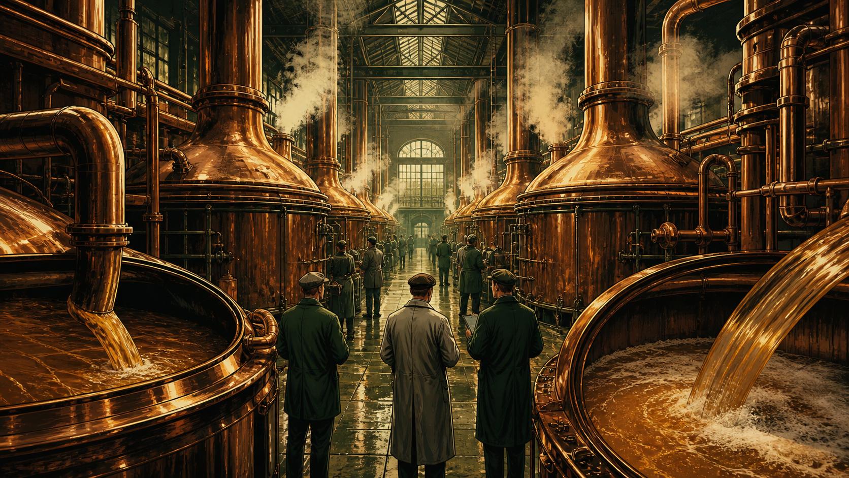 Quality inspectors supervise a partner brewery as Boston Lager moves through copper tanks under exacting recipes and standards