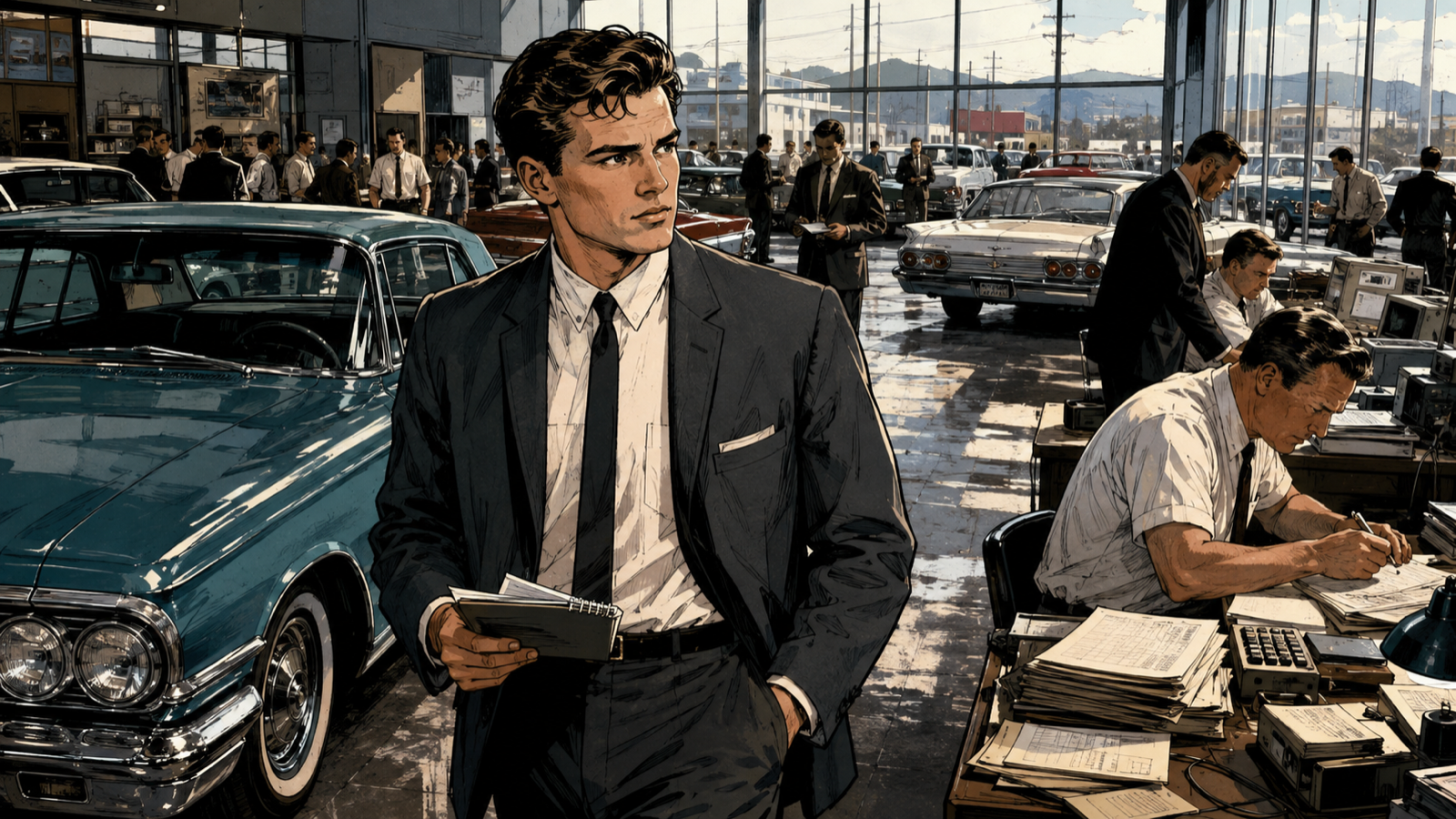 Young Jim Pattison walking the floor of his first Vancouver car dealership, studying customers, inventory, and daily cash flow