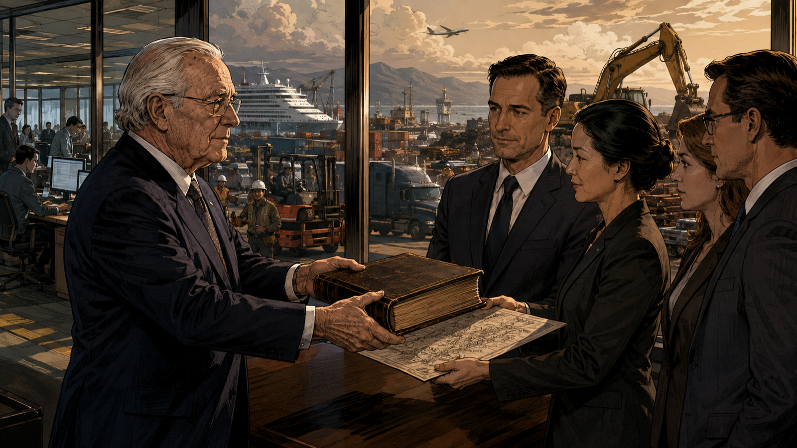 An older Jim Pattison passing a ledger and operating map to a professional leadership team as the private conglomerate continues beyond him