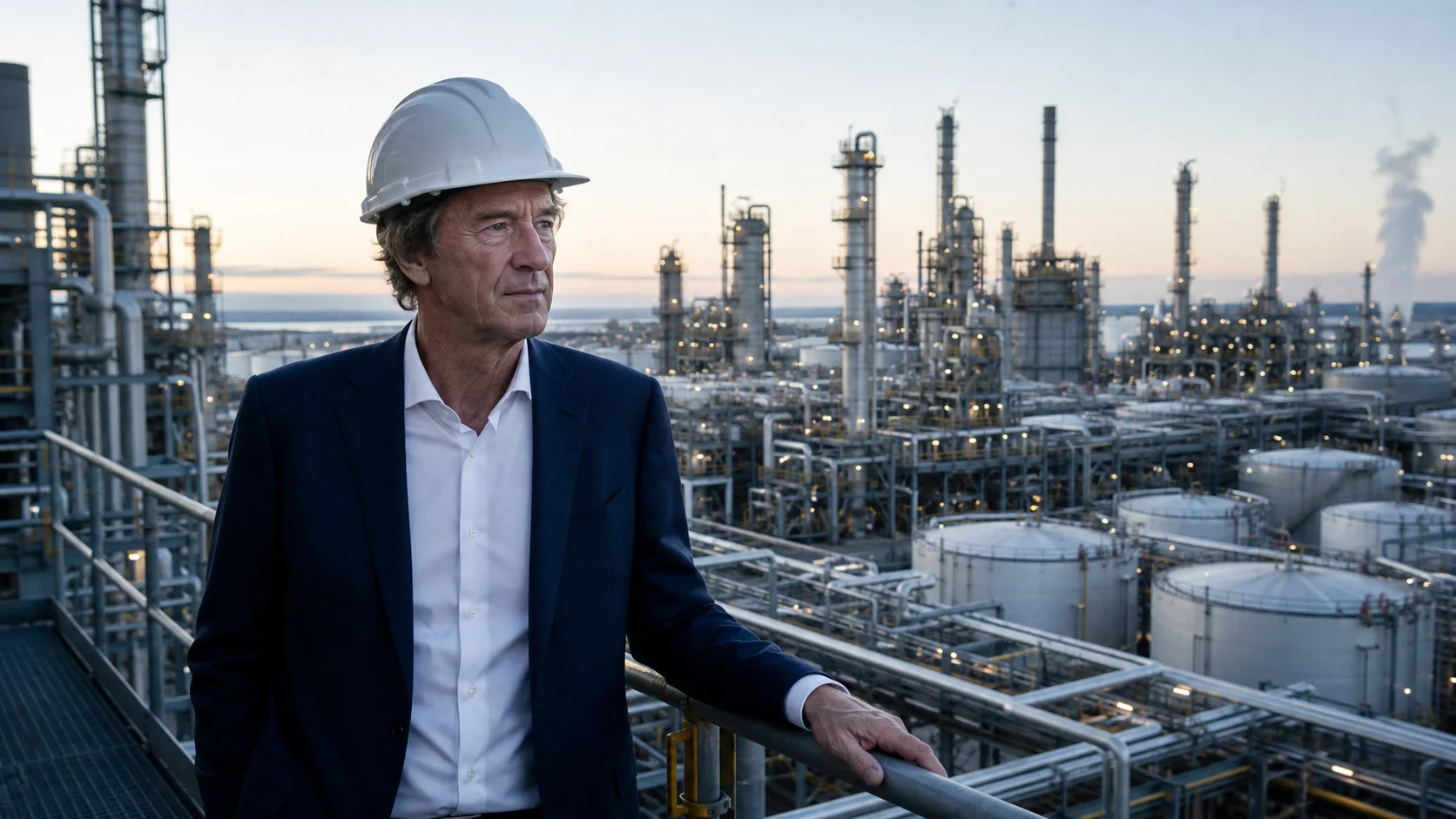 Jim Ratcliffe overlooking a large petrochemical complex