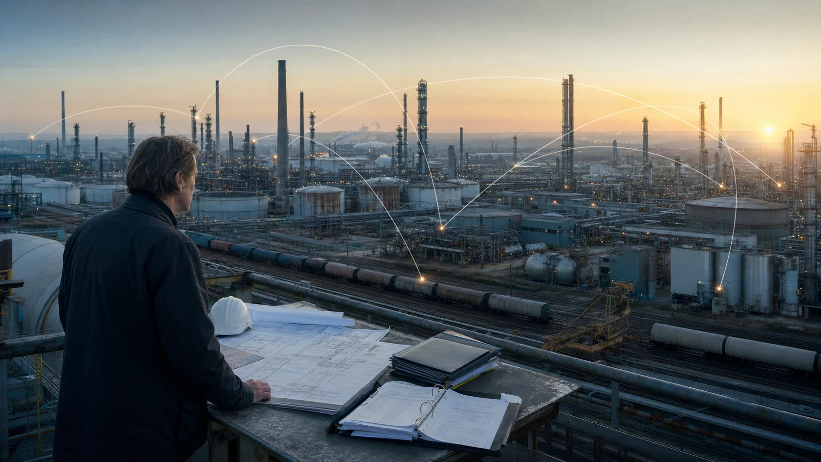 An industrial dealmaker studies acquisition plans above a networked petrochemical complex