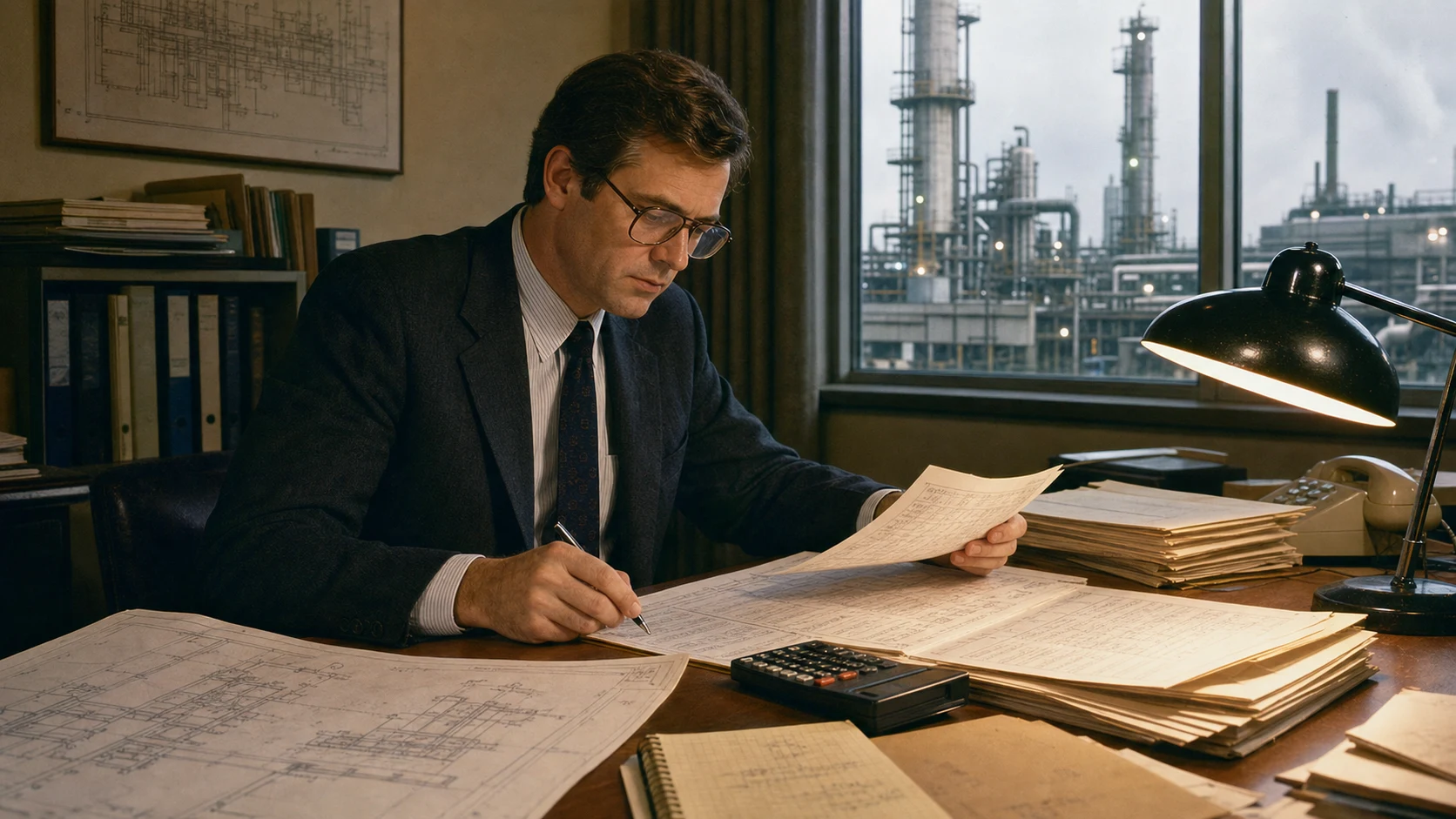 A chemical engineer connects industrial blueprints with financial analysis in a late-1980s office
