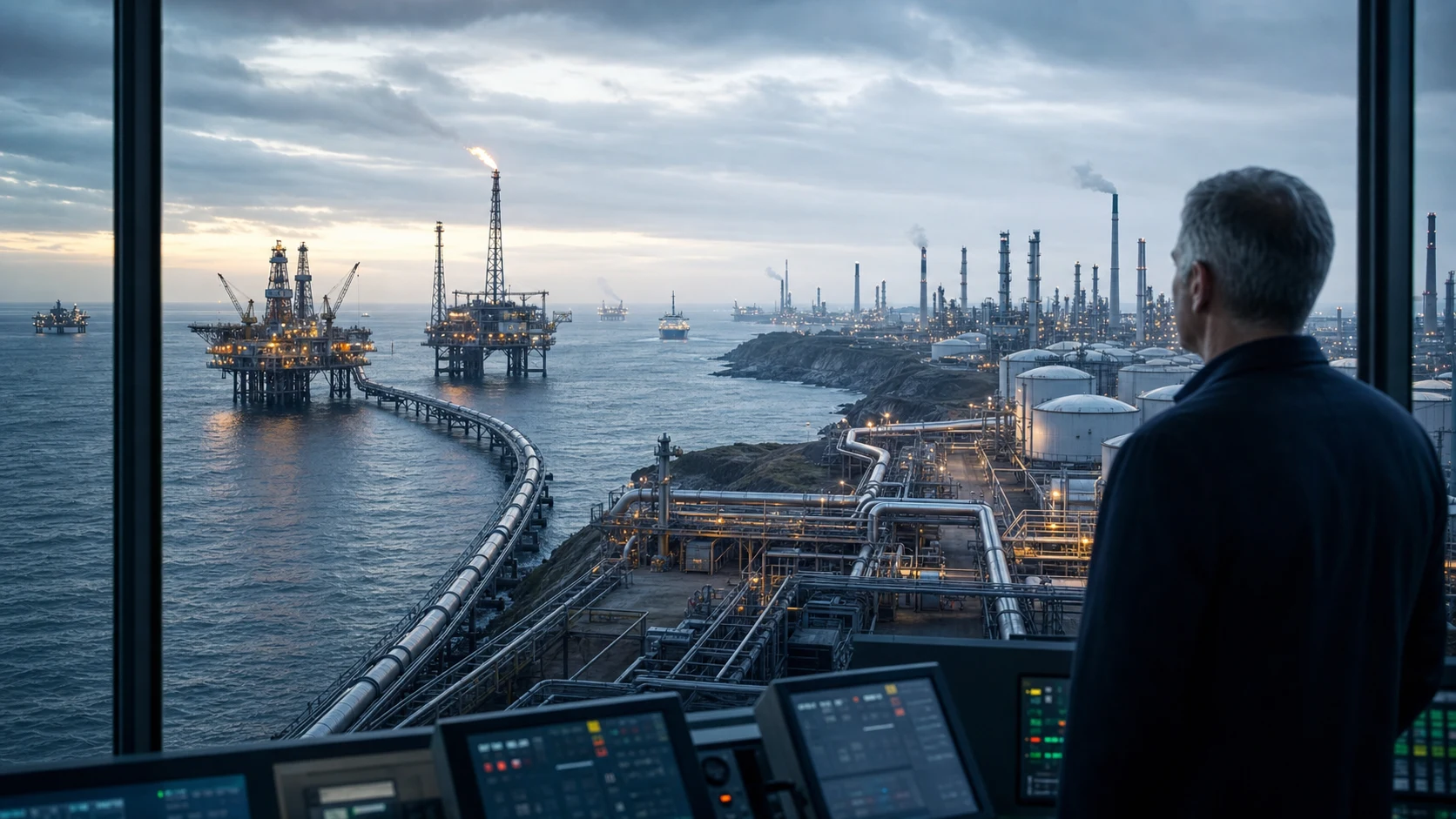 North Sea platforms and pipelines connect to a British refinery under an industrial strategist's watch