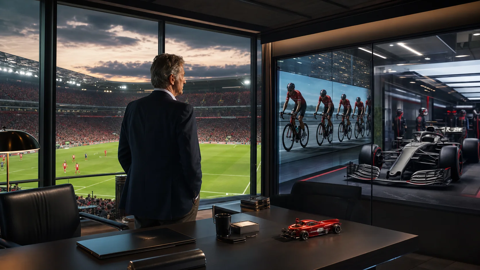 An industrial billionaire surveys an integrated portfolio of football, cycling, and Formula One