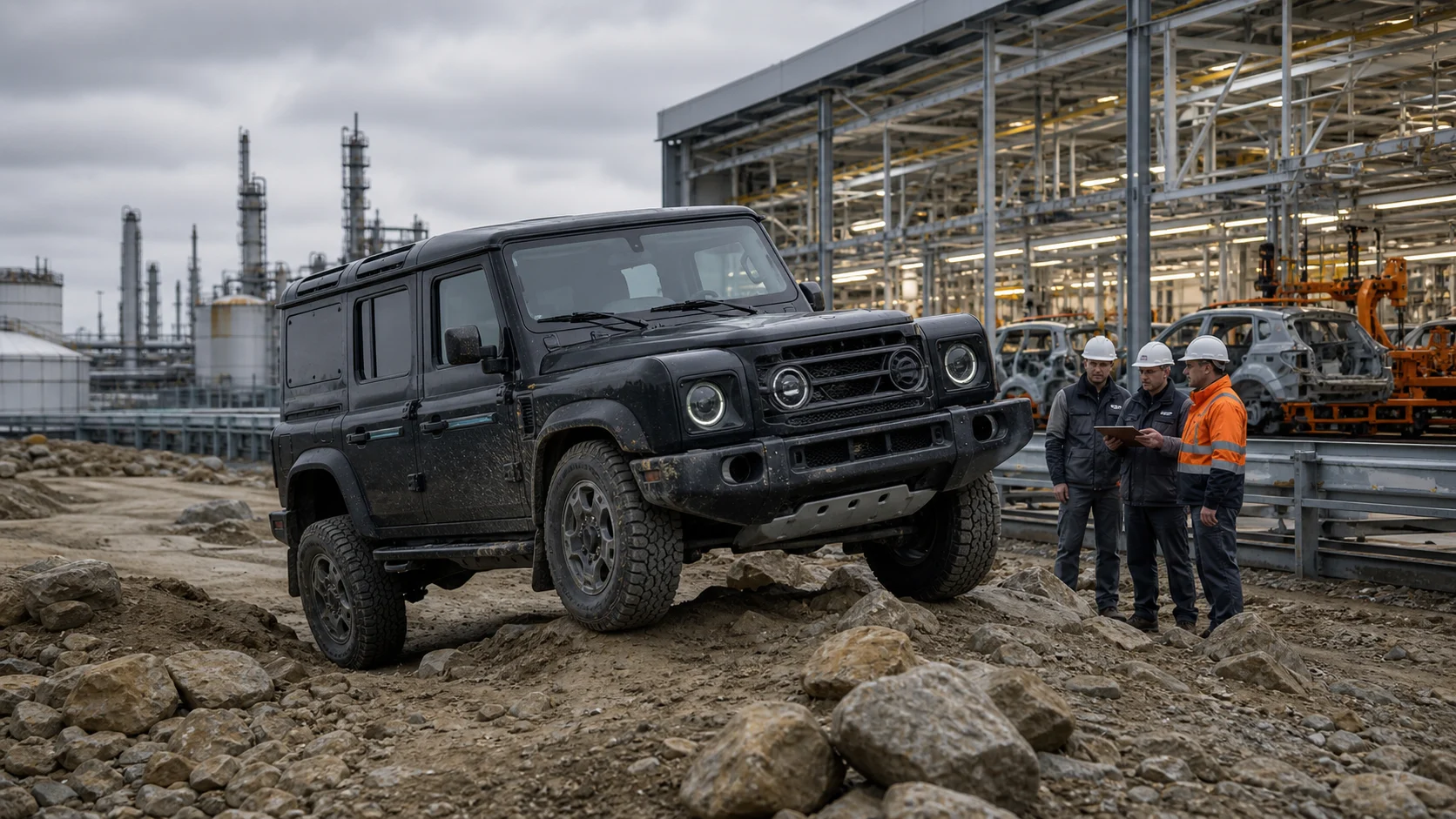 A rugged off-road vehicle is tested beside an automotive assembly plant and petrochemical complex