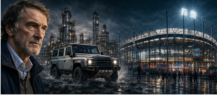 Jim Ratcliffe with INEOS plants a Grenadier vehicle and a Manchester football stadium
