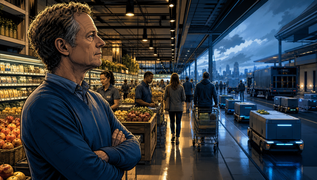 John Mackey considering the transition from a human-centered grocery chain to Amazon-era logistics