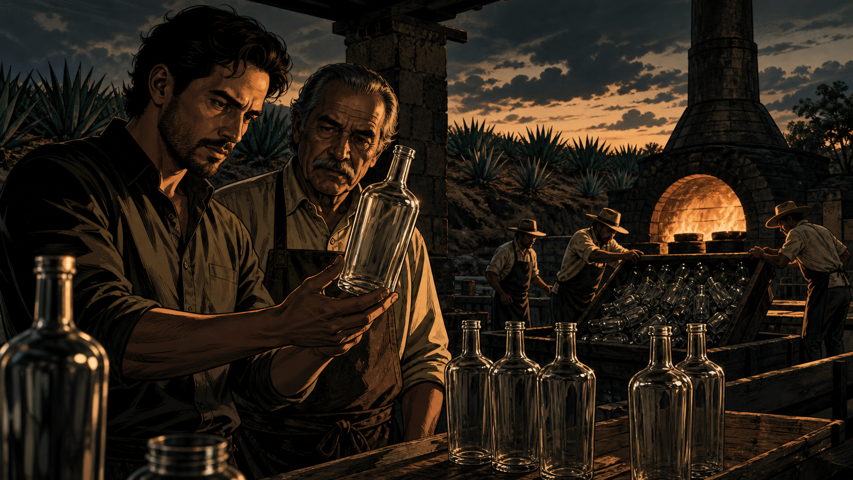 Founder and master distiller inspecting an unmarked premium glass bottle at dusk