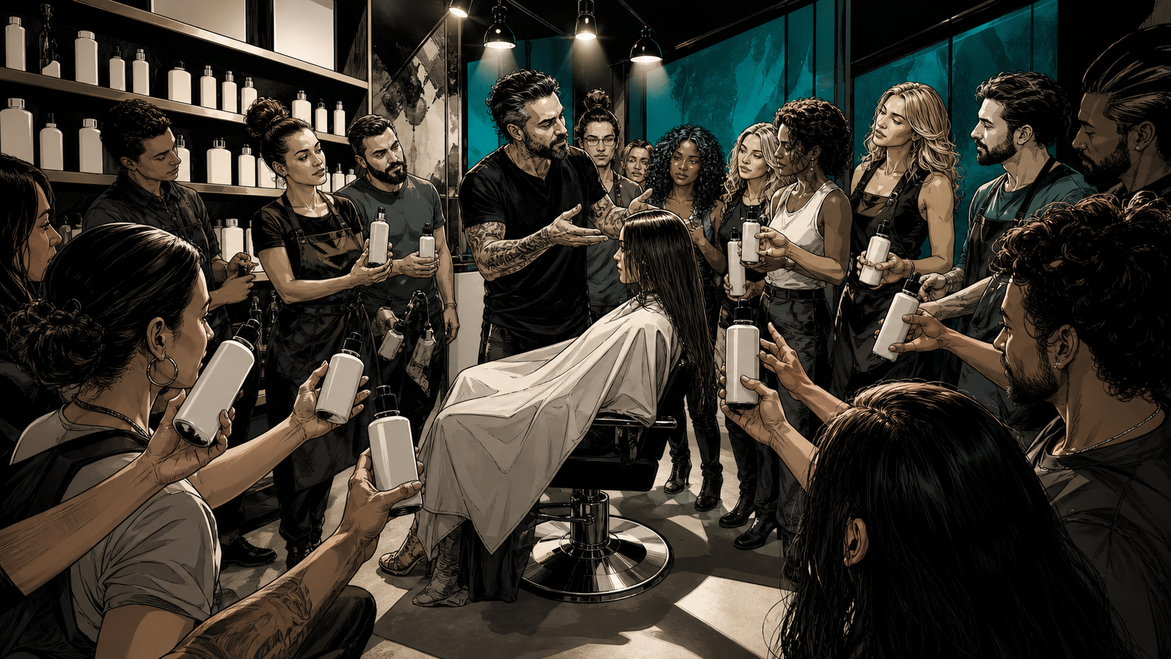 Salon professionals learning together around a demonstration chair
