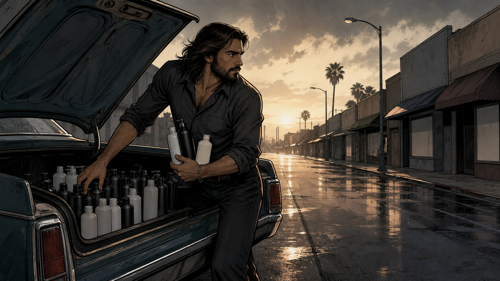Young salesman loading blank salon bottles from the trunk of an old car