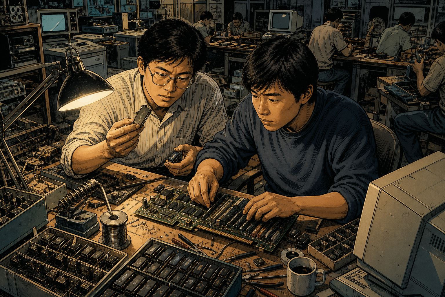 John Tu and David Sun studying scarce memory chips and an early module on a crowded 1987 electronics workbench