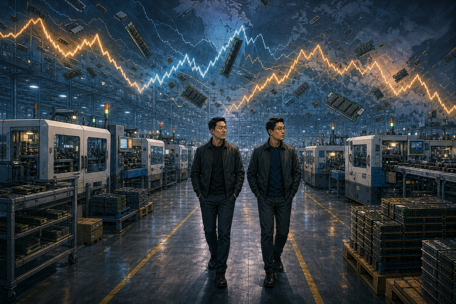 The two founders walking through a vast memory-module testing line while component prices rise and fall around them