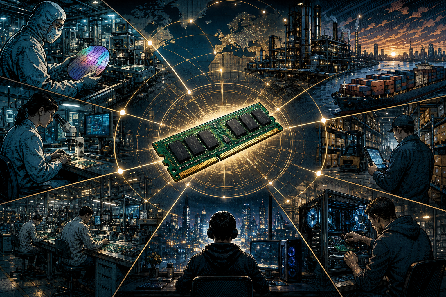 A finished Kingston memory module connecting chip factories distributors computer builders and end users across a global network