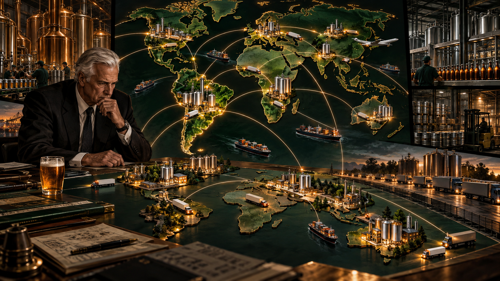 A world map of breweries, delivery fleets, and beer brands connecting Brahma, Ambev, Interbrew, Anheuser-Busch, and SABMiller