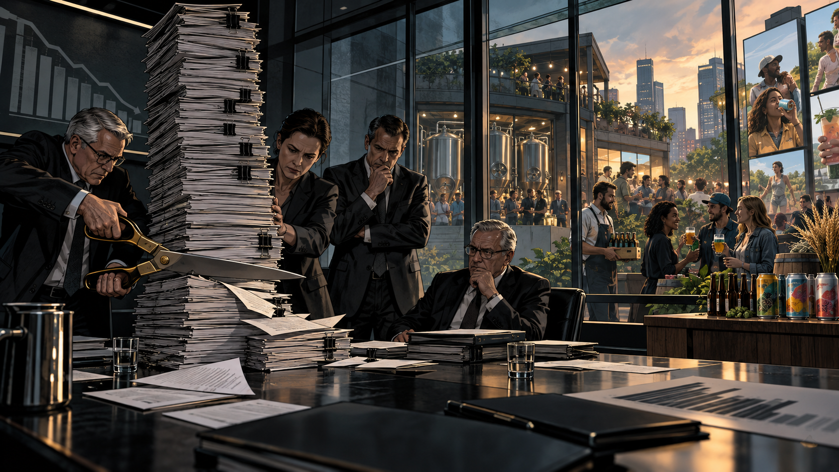 Executives cutting a towering cost ledger while craft breweries, new beverages, and changing consumers grow in the background