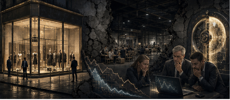Financial strain and skeptical investors emerging behind a polished luxury facade
