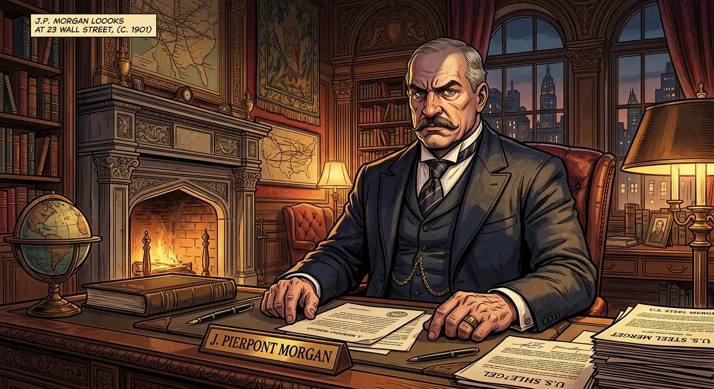 J.P. Morgan looking stern, a subtle shadow falling across his face, suggesting hidden complexities
