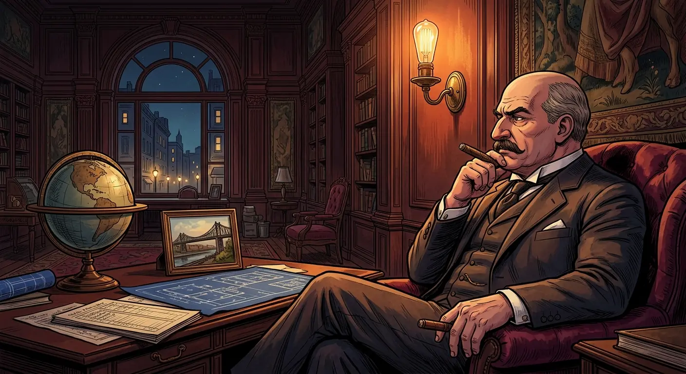 J.P. Morgan in a stately drawing room, lit by an early incandescent light bulb, a look of contemplation on his face