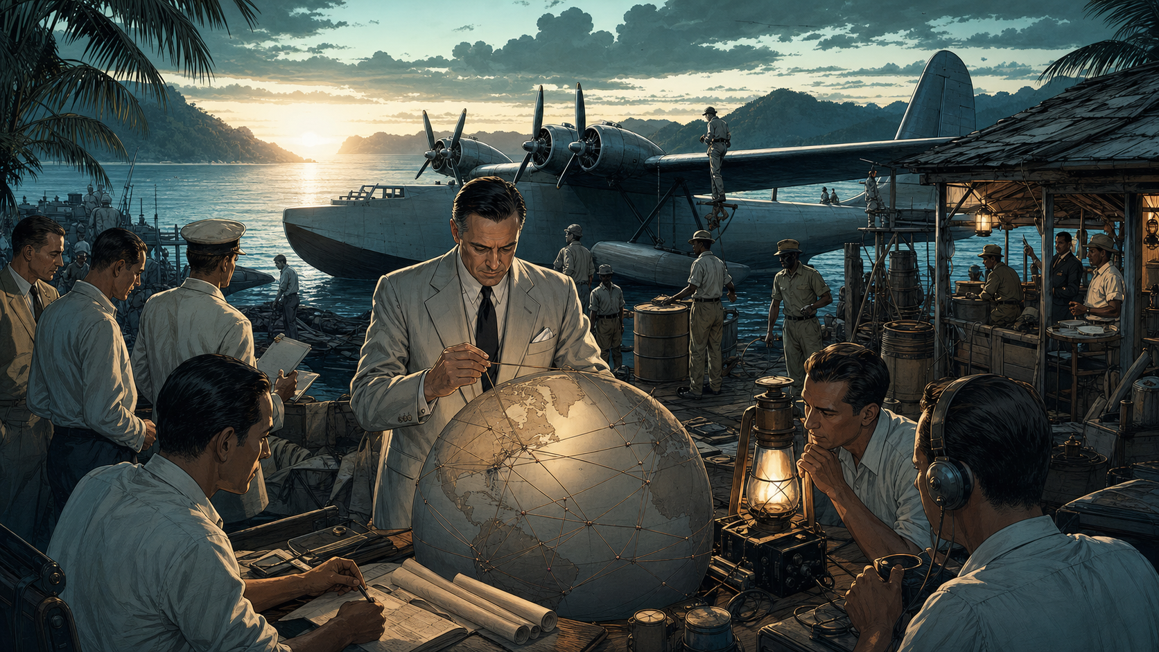 Juan Trippe studying a vast 1930s route map as Pan Am flying boats connect island bases across oceans