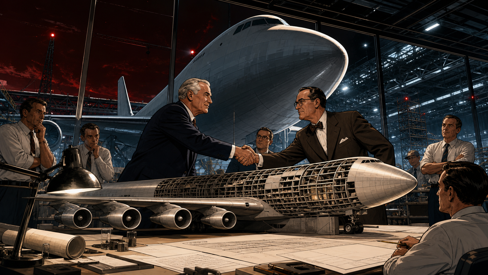 A cinematic Pan Am boardroom where Juan Trippe commits to jet aircraft while engineers unveil a sweeping new airliner silhouette