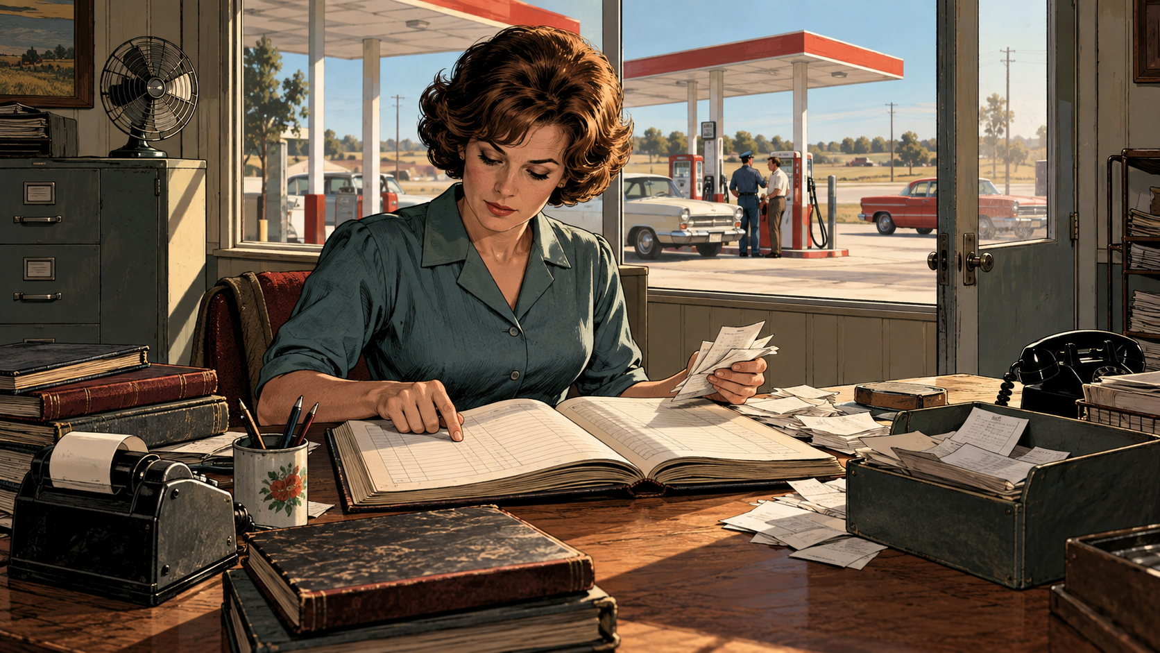 Judy Love reviewing early service-station accounts while an Oklahoma forecourt operates outside
