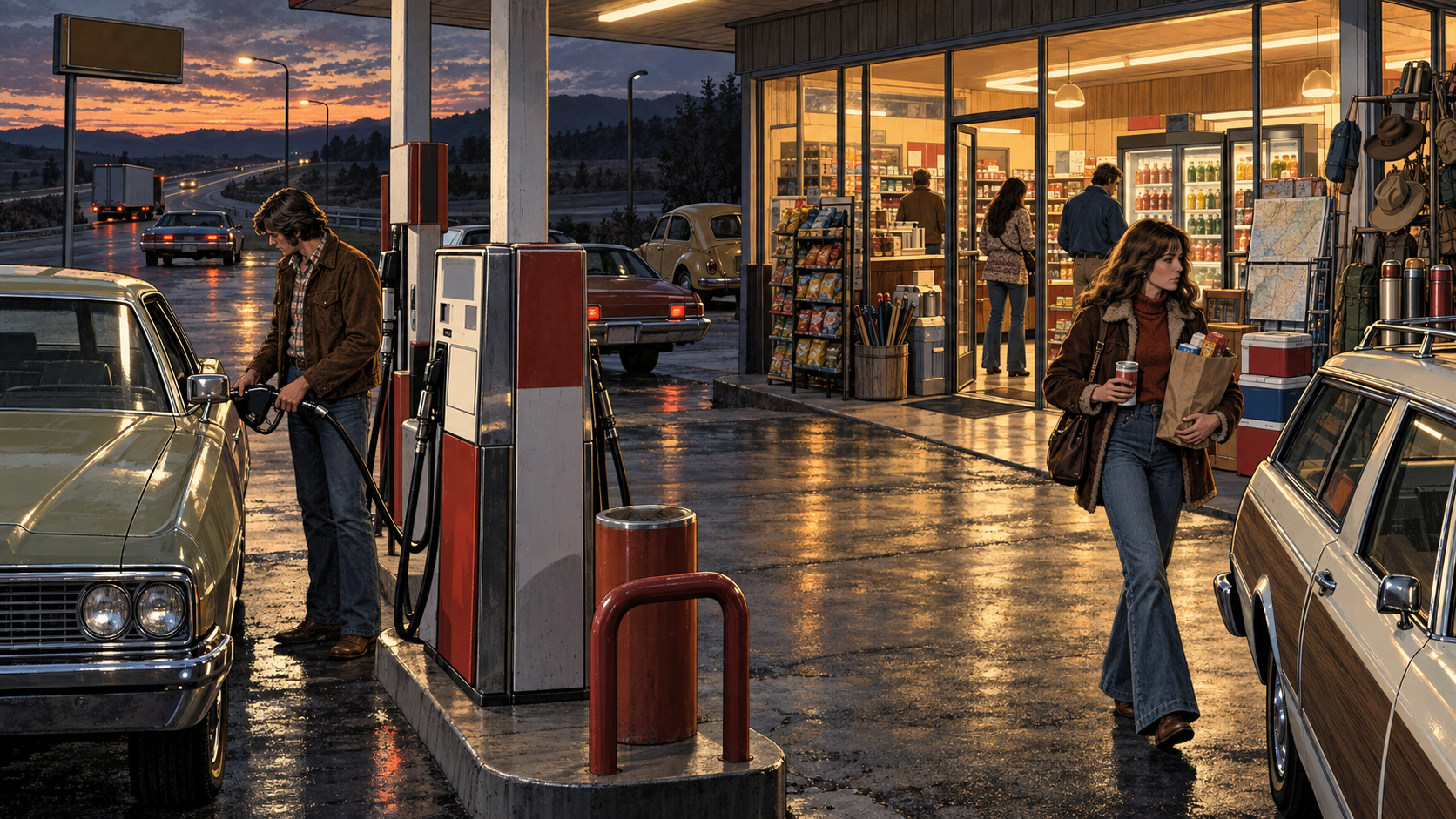 A 1970s self-service fuel stop combining pumps, groceries, and traveler essentials under one roof