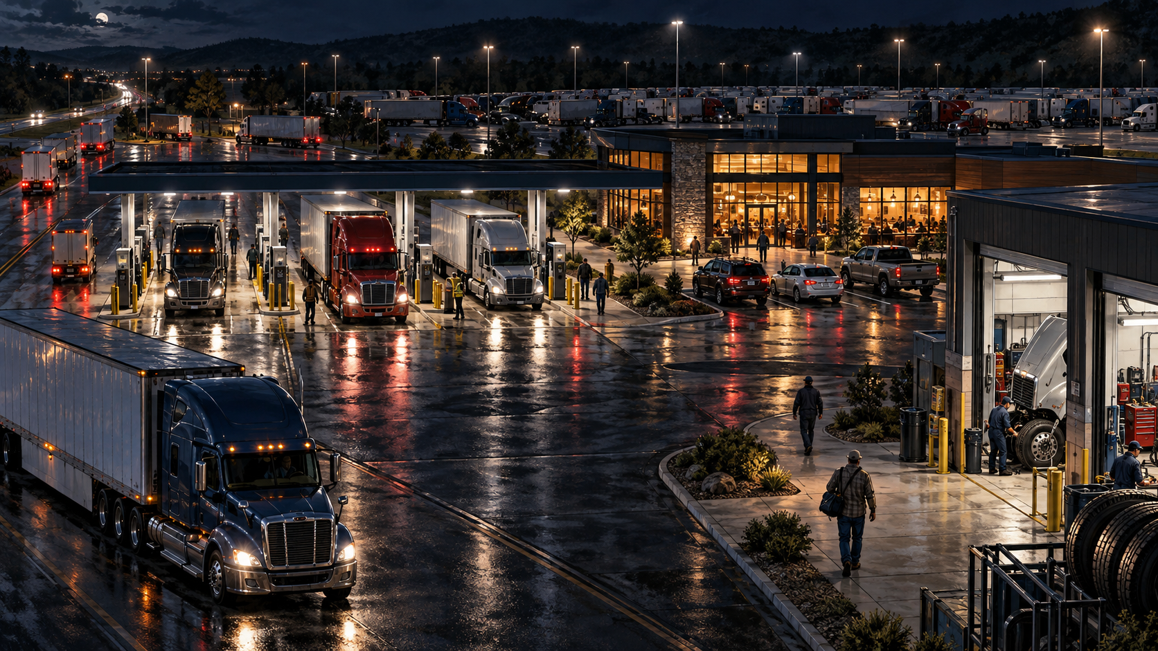 A modern Love's travel stop at night with truck lanes, maintenance bays, restaurants, and busy interstate traffic