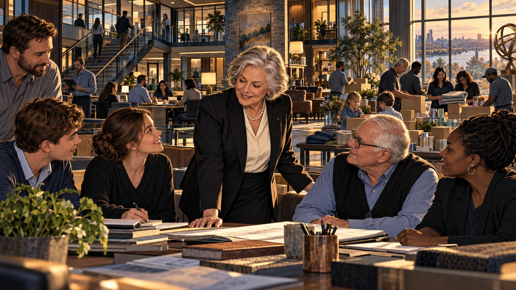 Judy Love standing with multiple generations of family and employees inside a bustling privately held company headquarters