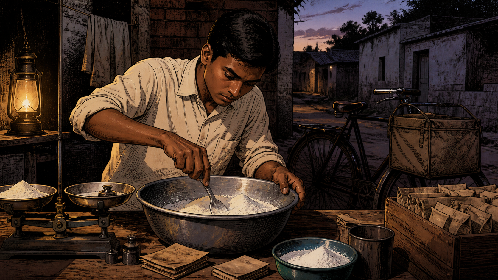 Karsanbhai Patel carefully mixing early detergent powder in a modest backyard workspace in Gujarat
