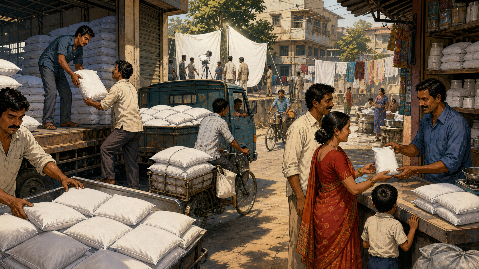 Indian families, shopkeepers, and delivery workers connecting Nirma detergent from a regional factory to neighborhood stores