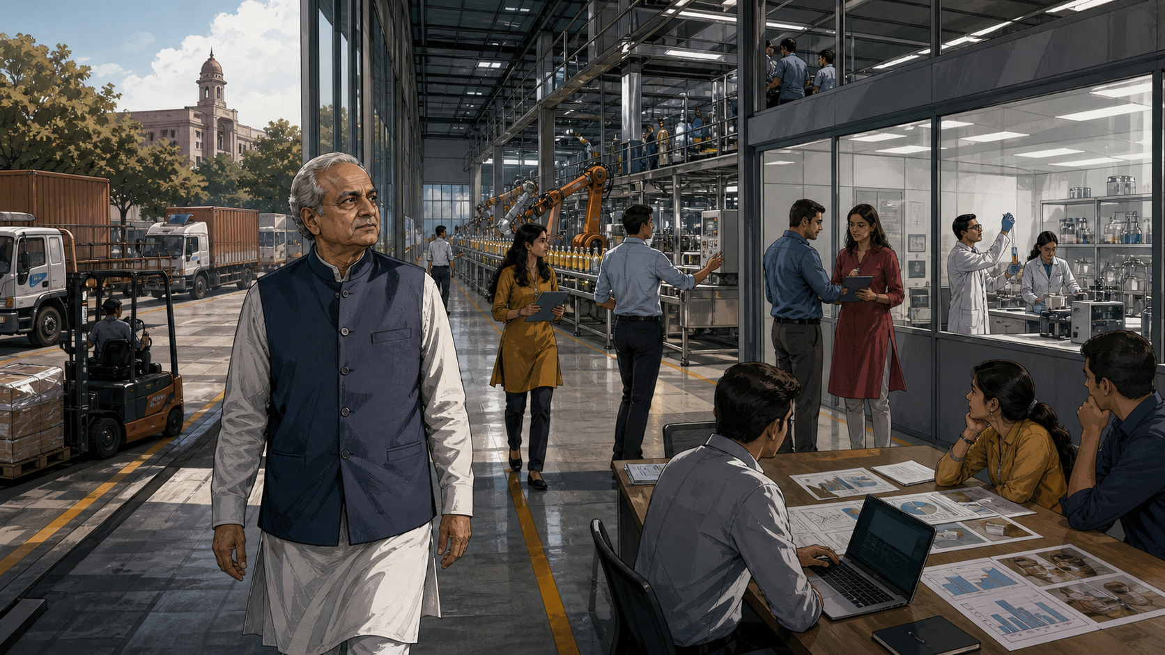 An older Karsanbhai Patel walking through a large modern consumer-goods plant while a new management team studies changing markets