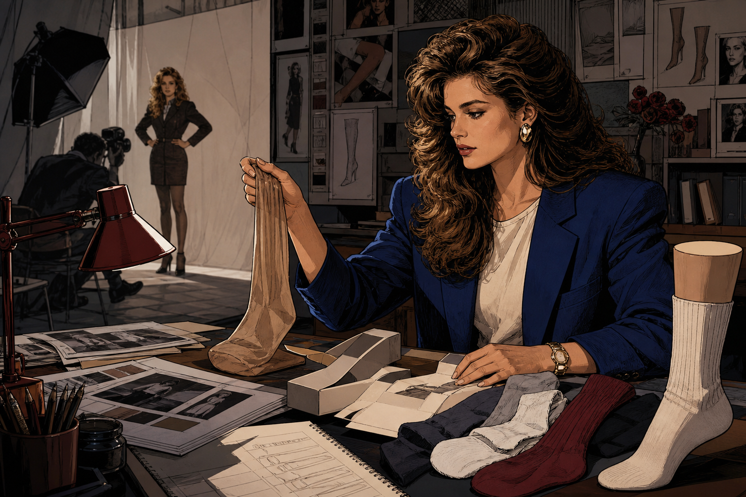 Kathy Ireland leaving a fashion shoot to study practical product samples at a late-1980s design worktable