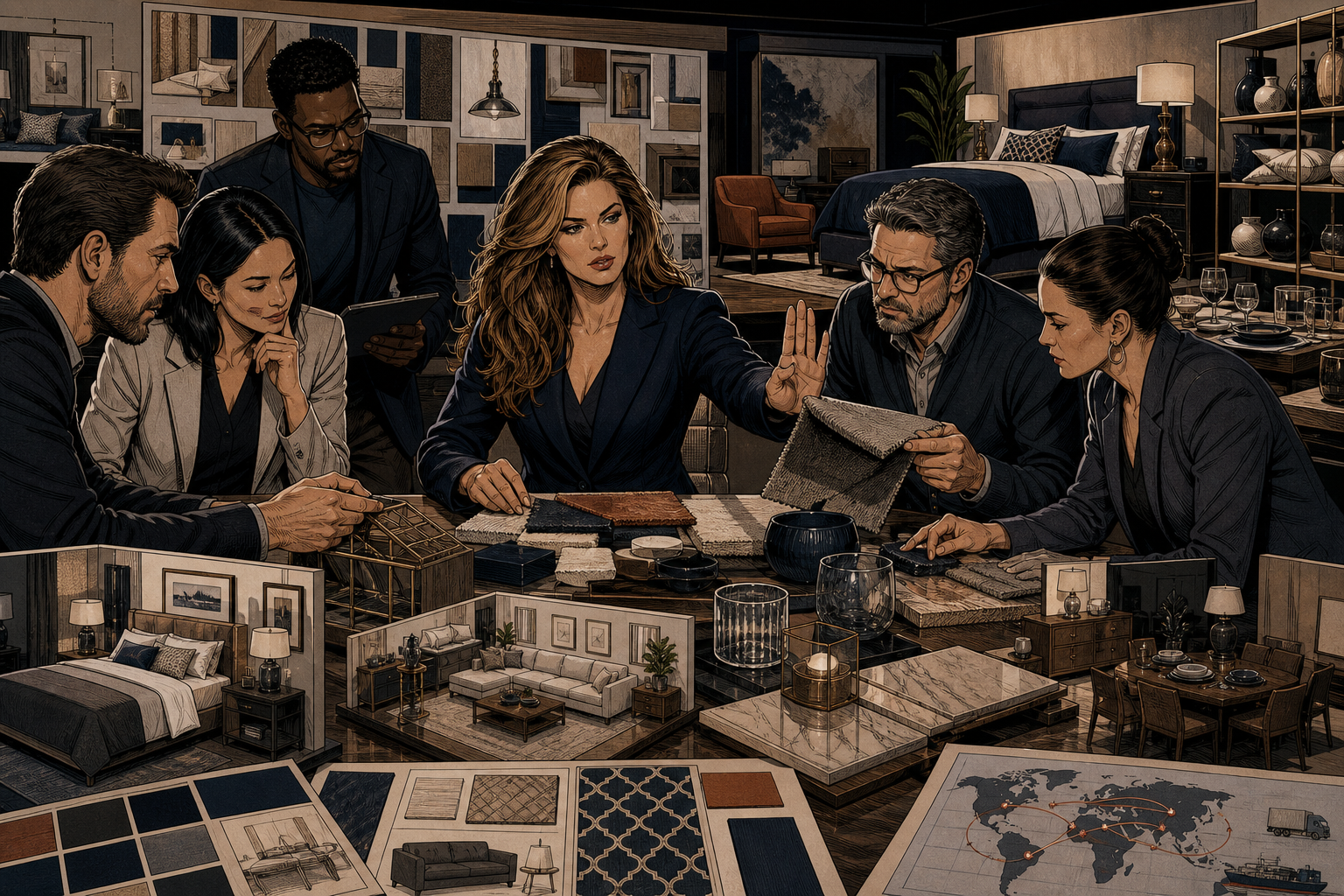 Kathy Ireland and a licensing team testing textiles, furniture, lighting, and tabletop products in a disciplined review room