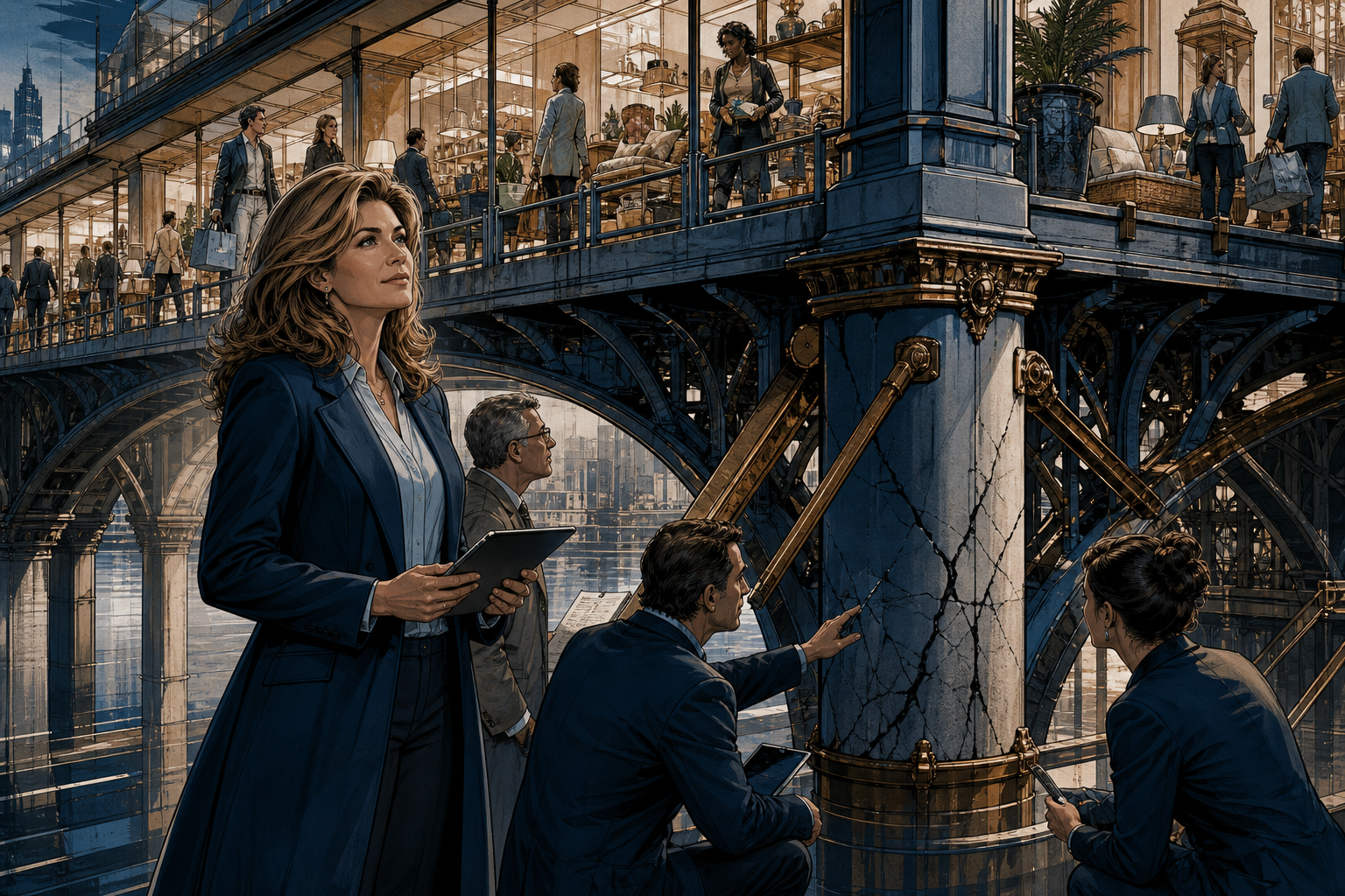 Kathy Ireland inspecting the trust and quality supports beneath a vast home-goods retail bridge