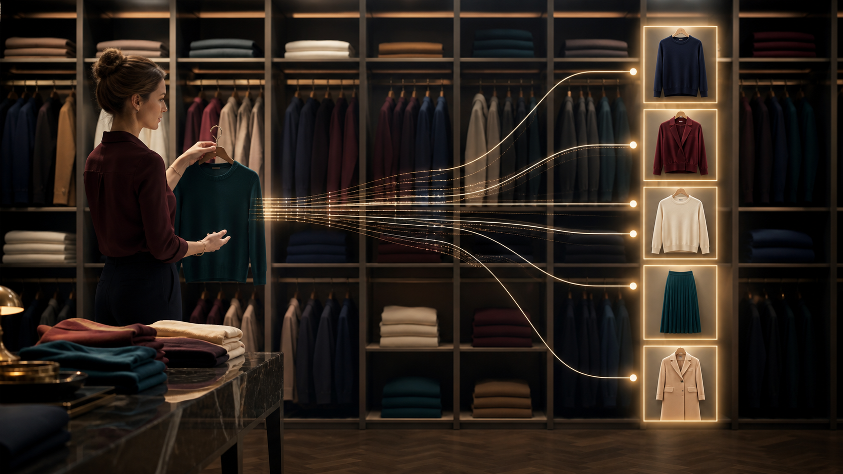 A human stylist and a recommendation system jointly selecting five clothing items from a complex inventory map