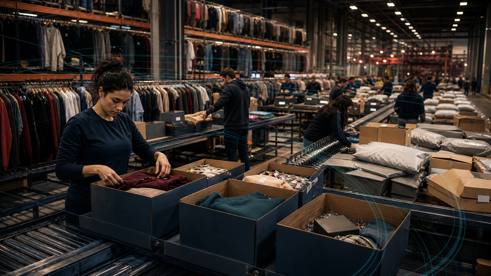 A Stitch Fix operations center balancing personalized boxes against inventory risk, shipping costs, returns, and changing demand