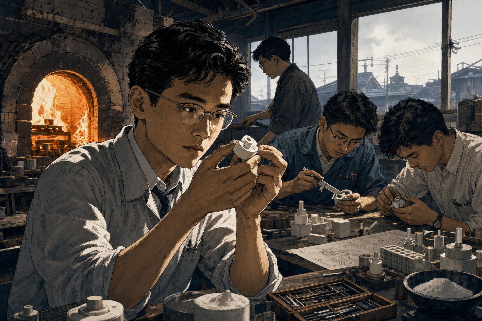 Young Kazuo Inamori and a small engineering team firing precision ceramic components in a postwar Kyoto workshop