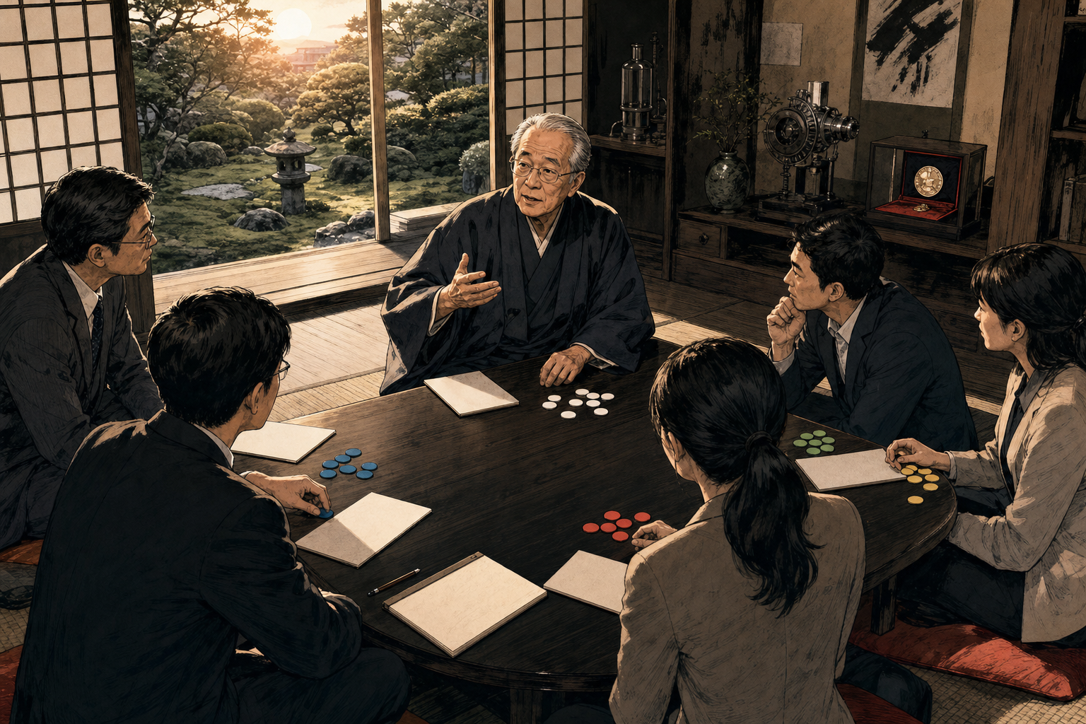 Elder Kazuo Inamori teaching managers around a transparent operating ledger while future leaders carry the system forward