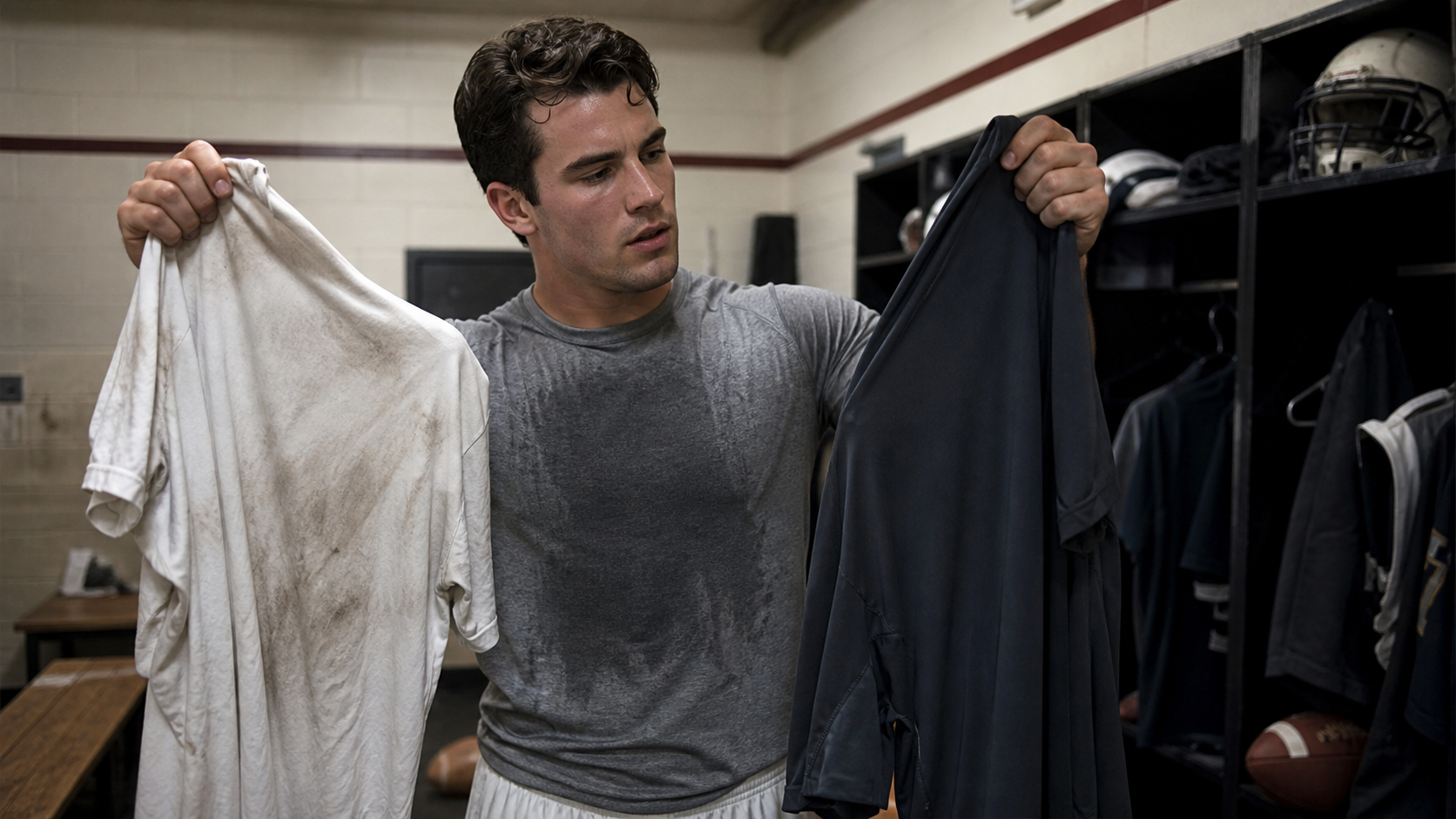 Young Kevin Plank comparing a sweat-soaked cotton football shirt with lightweight performance fabric in a locker room