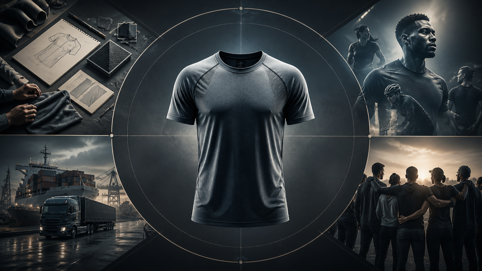 A single technical performance shirt at the center of a brand strategy map balancing product focus, distribution, and culture